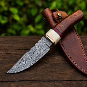 Couteau de survie extérieur artisanal Black Smith 1987 en acier Damas, manche bois et os, lame à pointe clip, longueur totale 12 pouces, étui en cuir - Product Image 5