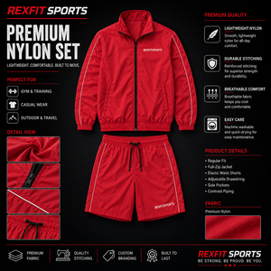 Red Acid Wash Nylon Tracksuit Set Full Zip <b>Jacket</b> & Drawstring Shorts Lightweight Breathable Sports Activewear - Product Image 1