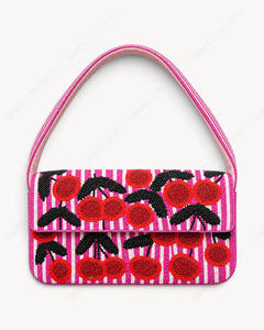 Handcrafted Pink Beaded <b>Shoulder</b> <b>Bag</b> Cherry Motif Embroidered Evening Handbag Long <b>Strap</b> Women Wholesale Manufacturer Supplier - Product Image 2