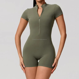 Combinaison de yoga à col zippé, taille haute, couleur unie, vêtements de sport pour femmes, manches courtes, shorts, extensible dans quatre directions - Product Image 4