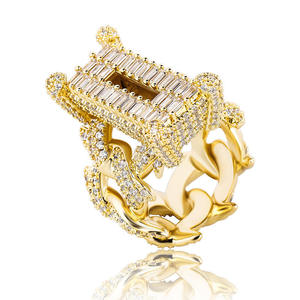 <b>Gold</b> Plated Letter R <b>Cocktail</b> <b>Ring</b> With Micro Pave Cubic Zirconia Emerald Cut Stones Mens Hiphop Party Jewelry Available at sale - Product Image 2
