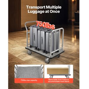 Chariot de bagages de luxe pour hôtel, capacité 750 LBS, avec cadre avant amovible, plateau moquetté gris, chariot de service, capacité de charge 750 LBS, modèle Deluxe - Product Image 5