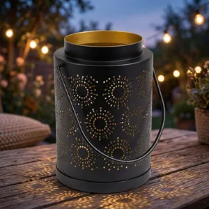 Matte Black Metal Candle <b>Lantern</b> With <b>Gold</b> Dot Pattern Cylinder Home Decoration - Product Image 2
