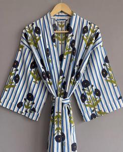 Robe kimono pour femme à rayures florales brodées, manches trois quarts, robe midi ample avec poches, tenue décontractée d'été, 100% coton - Product Image 2