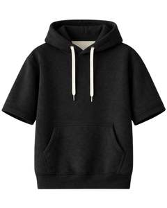 Customized Men <b>Black</b> Short Sleeve Hoodie Pullover Cotton <b>Fleece</b> Casual Streetwear Kangaroo Pocket Lightweight Summer Sweatshirt - Product Image 1
