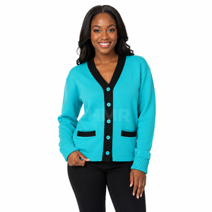 Cardigan en tricot turquoise avec logo personnalisé en acrylique HMR Sisterhood Sorority, bordure noire, col en V, manches longues, haut décontracté - Product Image 1