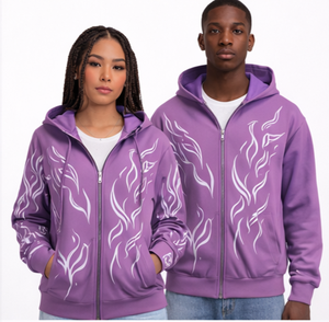 Sudadera con capucha unisex personalizada con cremallera y estampado gráfico, de forro polar grueso, estilo urbano, OEM, con estampado tribal morado, chaqueta con capucha a juego, sudaderas con cremallera - Product Image 1