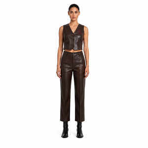 Pantalones Casuales de Mujer, Diseño Personalizado OEM, Tela de PU Elástica, Cintura Alta, Cierre de Cremallera, Pierna Recta, Largos, Color Marrón Espresso - Product Image 1