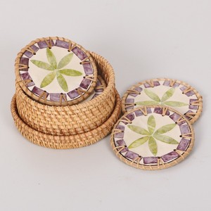 Wood <b>coaster</b> set with holder superior quality rattan mother of pearl <b>coasters</b> <b>drink</b> cup mats - Product Image 1