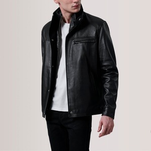Chaqueta de Cuero Negra para Hombre de Alta Calidad, Cuello Alto, Cierre de Cremallera, Estilo Motero, Corte Regular, para Otoño - Product Image 3