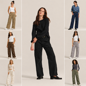 Wide Leg Bangladesh Made Stock Apparels Bulk Sale <b>Elastic</b> Waist Multiple Pockets Canvas Twill Cargo <b>Trousers</b> Men Women Wear Lot - Product Image 2