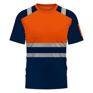 Men's <b>Orange</b> Navy Blue Reflective Safety T-Shirt Short Sleeve Round Neck Workwear Style Quick Dry Polyester Casual Shirt - Product Image 2