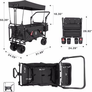 Collapsible Heavy Duty Folding Wagon Cart Removable Canopy 4\" Wide Large All Terrain Wheels Brake Adjustable Hand for Camping - Product Image 2
