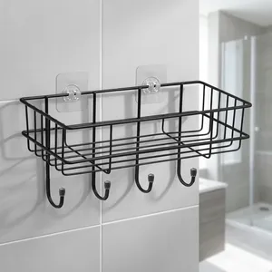Estante de Almacenamiento de Hierro con 4 Ganchos, Organizador de Pared para Baño y Cocina, Estante de Almacenamiento de Metal Negro para Decoración del Hogar - Product Image 5