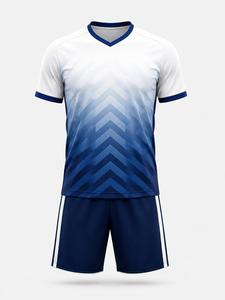 Ensemble de football pour hommes, maillot à col en V à manches courtes, dégradé bleu et blanc, avec short marine, polyester respirant, coupe athlétique - Product Image 2