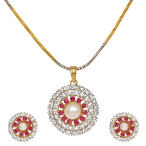 Gold Plated <b>Ruby</b> CZ Pendant Set Water Pearl Centerpiece <b>Necklace</b> with Earrings Traditional Indian Bridal Jewelry Gift for Her - Product Image 1