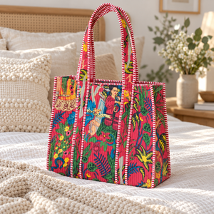 Sac fourre-tout matelassé en coton rose tropical, imprimé portrait botanique coloré, pour femme, sac à bandoulière de shopping, vente en gros - Product Image 2