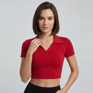 Top Corto Personalizado para Mujer, Estilo Veraniego, Ajustado, Manga Corta, Color Sólido, Tejido de Punto, Cuello Camisero - Product Image 1