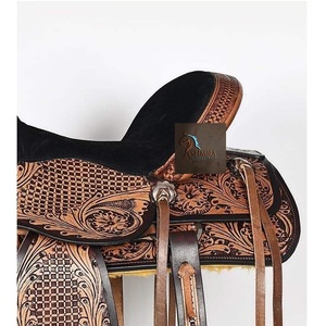 Sillín de caballo estilo Western de cuero marrón con diseño de cesta y motivos florales grabados a mano, asiento de gamuza negra, con juego de arreos, 10-18 pulgadas - Product Image 2
