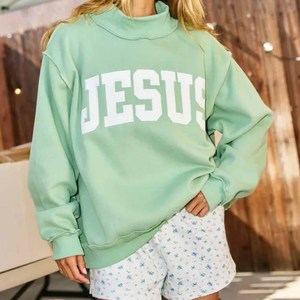Jesus Custom Embroidery <b>Mock</b> <b>Neck</b> Sweatshirt Lavender Varsity Oversized Women Pullover Heavyweight Fleece Wholesale Bulk - Product Image 1