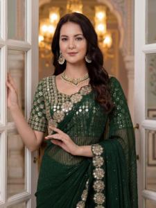 Sari de Fiesta en Faux Georgette con Lentejuelas y Bordado Codding, con Espejos Reales, Sari de Boda, Ropa Étnica Tradicional - Product Image 5