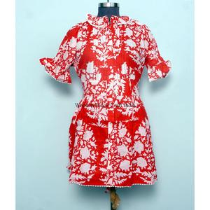 Haut style mini-robe 100 % coton pour femme, manches cloche décontractées, col rond, imprimé floral, taille naturelle, écologique, idéal pour les sorties décontractées - Product Image 2