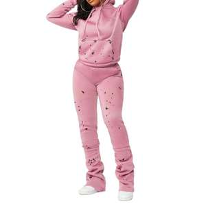 High Quality <b>Polyester</b>/Cotton Tech Fleece Breathable Casual Hooded Women's Tracksuit Plain Crop Pullover Ladies 2-Piece - Product Image 1