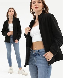 Women's <b>Black</b> Solid <b>Fleece</b> <b>Jacket</b> Full Sleeve Stand Collar Zipper Front Kangaroo Pocket Summer Warm Outerwear - Product Image 4