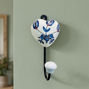 <b>Beads</b> <b>Art</b> Handmade Ceramic Heart Wall Hook with Blue Floral Design Rustic Style Multifunction Single Hook for Clothing - Product Image 4