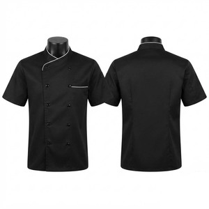 เสื้อเชฟผู้ชาย พรีเมียม โพลีคอตตอนทวิล 200 GSM สีดำ แขนสั้น กระดุมสองแถว แต่งขอบสีขาว ปักโลโก้ได้ตามต้องการ สำหรับมืออาชีพ - Product Image 1