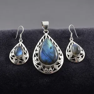 925 Sterling Silver Labradorite Jewelry Set Pendant Earrings Blue Flash Gemstone Intricate Filigree Setting Women's Wear - Product Image 2