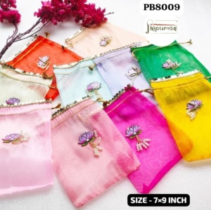 Sac Potli en Organza Fait Main de Jaipurios avec Broderie de Lotus et Cordon en Perles pour Cadeaux de Mariage et de Fêtes 7x9 Pouces - Product Image 1