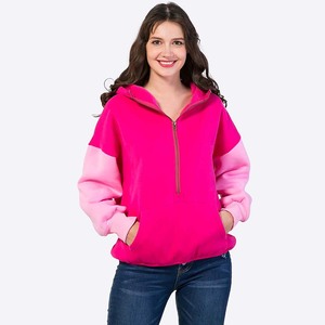 Sweat-shirt à capuche zippé pour femme, color-block rose, en coton tricoté, coupe oversize, manches classiques, idéal pour l'automne - Product Image 1