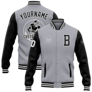Veste bomber personnalisée en gros, gris, noir-blanc, entièrement boutonnée, style varsity, bicolore - Product Image 1