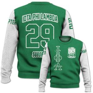 Chaqueta Universitaria Personalizada Iota Phi Lambda, Color Verde Esmeralda con Blanco, Suéter Tejido de la Hermandad Iota Phi Lambda - Product Image 4