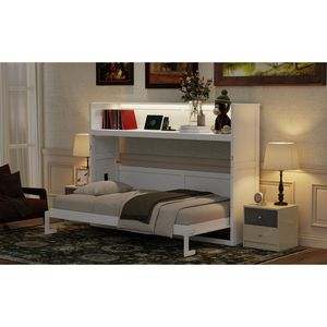Twin XL Murphy Bed with <b>Desk</b> LED Lights USB Charging White Wall Bed for Apartments - Product Image 5