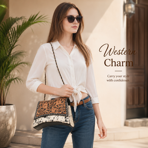 Sac bandoulière artisanal en cuir de vachette à poils, style western, motif floral, avec chaîne, pochette vintage pour usage quotidien - Product Image 3