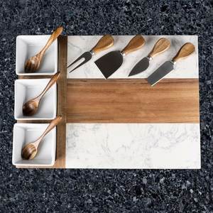 Plateau de service pour fromage en bois d'acacia écologique et marbre naturel avec boucle de suspension en cuir - Product Image 1