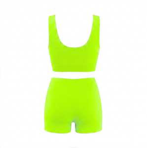 Ensembles de yoga personnalisés vert lime pour femmes, 2 pièces, en spandex/polyester uni, anti-UV, respirants, séchage rapide, soutien-gorge et short de sport, service OEM - Product Image 2