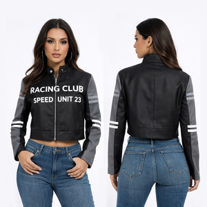 Blouson Moto Court Femme Personnalisé avec Motif Club de Course, Coupe Slim, Zippé, Style Motard, Bleu Marine, Streetwear, Mode Décontractée, Vêtement d'extérieur - Product Image 4