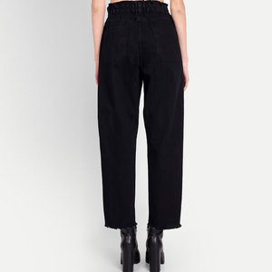 High Waist Black Canvas Harem Pants Women's Casual Loose Fit <b>Ankle</b>-Length With Frayed Edges Button Fly Solid Color Woven Cotton - Product Image 4
