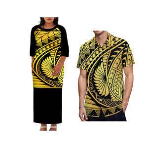 Conjunto a juego Puletasi Samoano de talla grande personalizado: Vestido largo para mujer y camisa de manga corta para hombre con estampado floral, ropa casual de verano - Product Image 5