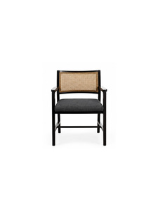 Fauteuil moderne en bois massif avec assise rembourrée en tissu capitonné et dossier en rotin, écologique, pour salles à manger, cafés et restaurants - Product Image 1