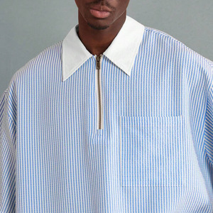 Polo de manga corta a rayas azules de primera calidad para hombre, con cuello de media cremallera y bolsillo, estilo casual, de algodón, para uso diario. - Product Image 4