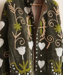 <b>Women</b> Olive Green <b>Velvet</b> Embroidered Suzani <b>Jacket</b> with Floral Print Full Sleeve Stand Collar Handmade Bohemian Autumn Outerwear - Product Image 3