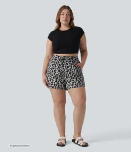 Shorts de Mujer Ever Glow, Cintura Media, Mezcla de Algodón, Cintura Elástica con Cordón, Casuales, Transpirables, Bolsillos Tejidos - Product Image 4