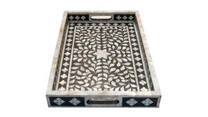 Handcrafted Black Tray Mother of Pearl Inlay, Floral Design | Geometric Floral Serving Decor | Decorative Artisan Serving| MOP - Product Image 3