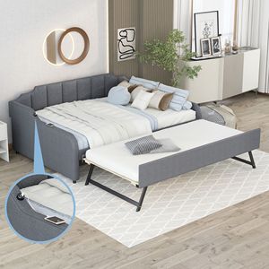 Divano letto con rivestimento grigio Full Size con Trundle e Design di ricarica USB - Product Image 1