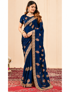 Vexotrend India Pakistan Premium Velvet Satin Traditional <b>Saree</b> for Women Embroidery Swarovski Wrinkle-Free Quick-Dry - Product Image 6