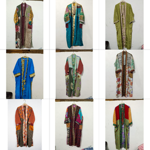 ชุดคลุมยาวสำหรับผู้หญิง ทำด้วยมือ ถักจากผ้าไหม ตกแต่งด้วยผ้าปะติดปะต่อ คอวี มีเชือกผูก ปรับได้ แขนยาว เนื้อผ้านุ่ม ระบายอากาศได้ดี แห้งเร็ว - Product Image 1
